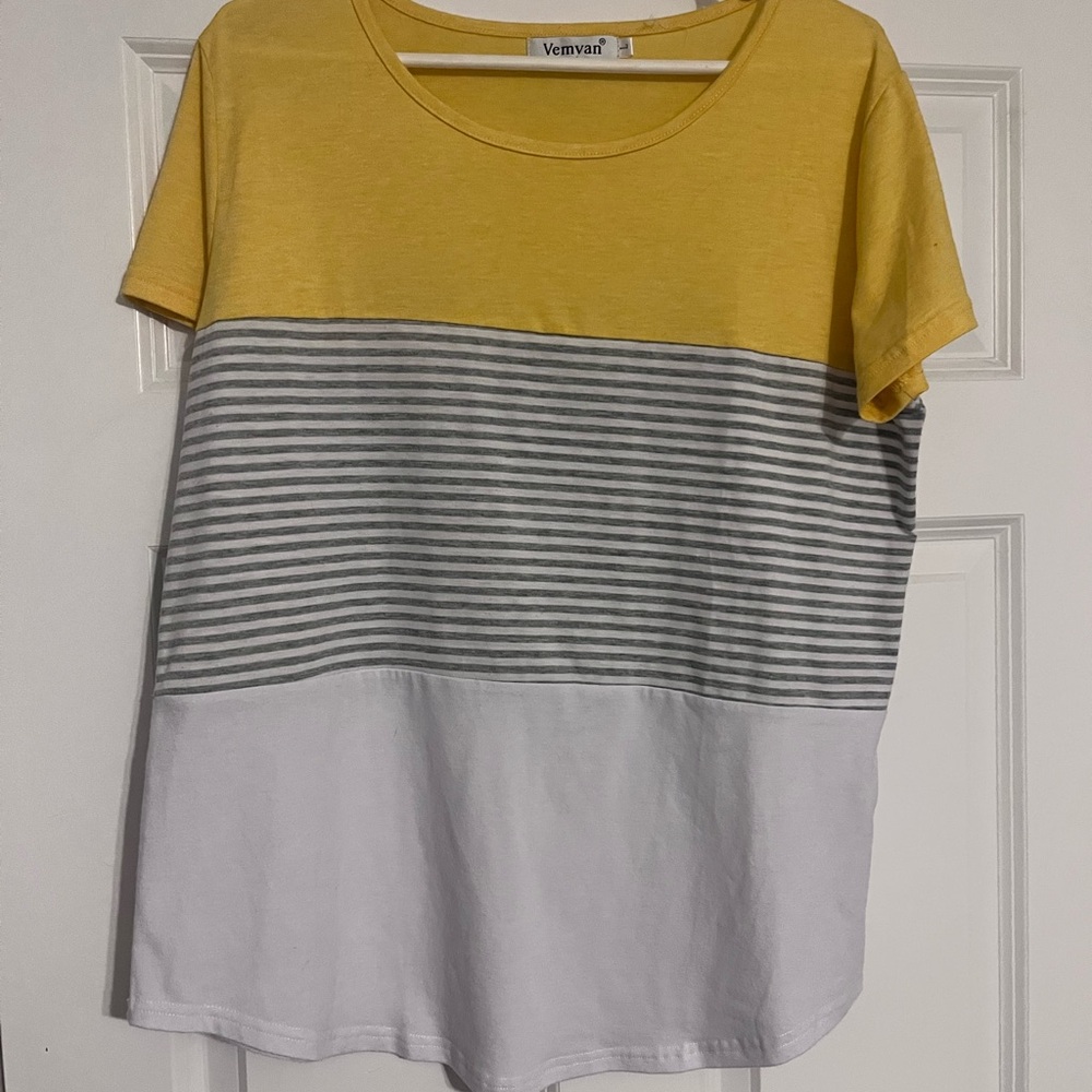 Vemvan  Womens Color Block T-Shirt Large Yellow White Gray Stripes Summer Beach